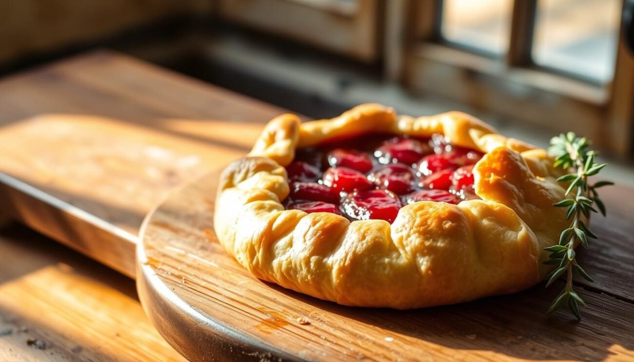 A delightful sugar-free crostata, with a flaky olive oil pastry crust and a vibrant fruit preserve filling, rests on a rustic wooden surface. Warm, golden light filters through a window, casting a soft glow over the inviting dessert. The crust's tender, buttery texture contrasts beautifully with the jammy, subtly sweet fruit center. Nearby, a sprig of fresh herbs adds a touch of elegance. The scene evokes the comforts of an Italian kitchen, where wholesome ingredients and time-honored techniques come together to create a healthful, indulgent treat.