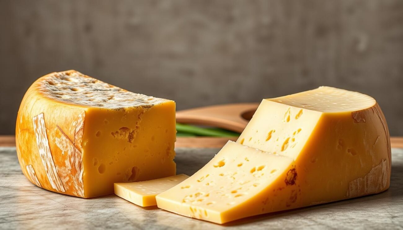 A detailed side-by-side comparison of the renowned Italian cheeses Grana Padano and Parmigiano Reggiano, captured in a visually striking manner. The foreground showcases the distinct textures and golden hues of the two cheeses, with their unique rind patterns contrasted against a neutral background. The middle ground features precise slices, revealing the granular interior structures, while the background subtly suggests the rolling hills and lush countryside of the Emilia-Romagna and Trentino regions where these celebrated cheeses originate. The lighting is soft and natural, emphasizing the rich, aged qualities of the cheeses. The overall composition aims to capture the essence of these iconic Italian culinary treasures and their enduring legacy.