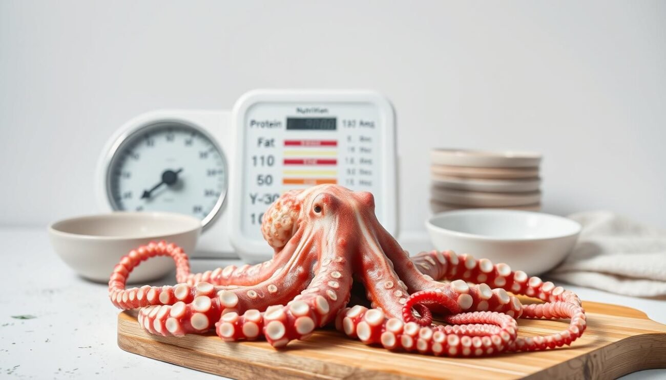 A detailed still life showcasing the nutritional values of octopus, shot with a high-resolution camera lens against a clean white backdrop. In the foreground, a fresh, whole octopus sits atop a wooden cutting board, tentacles unfurled. Behind it, a set of weighing scales displays the octopus' nutritional breakdown, including protein, fat, carbohydrates, and vitamin content. The lighting is soft and even, highlighting the texture and colors of the octopus. In the background, a minimalist Italian-inspired setting, with simple ceramic dishes and a linen cloth, creates a serene, appetizing atmosphere.