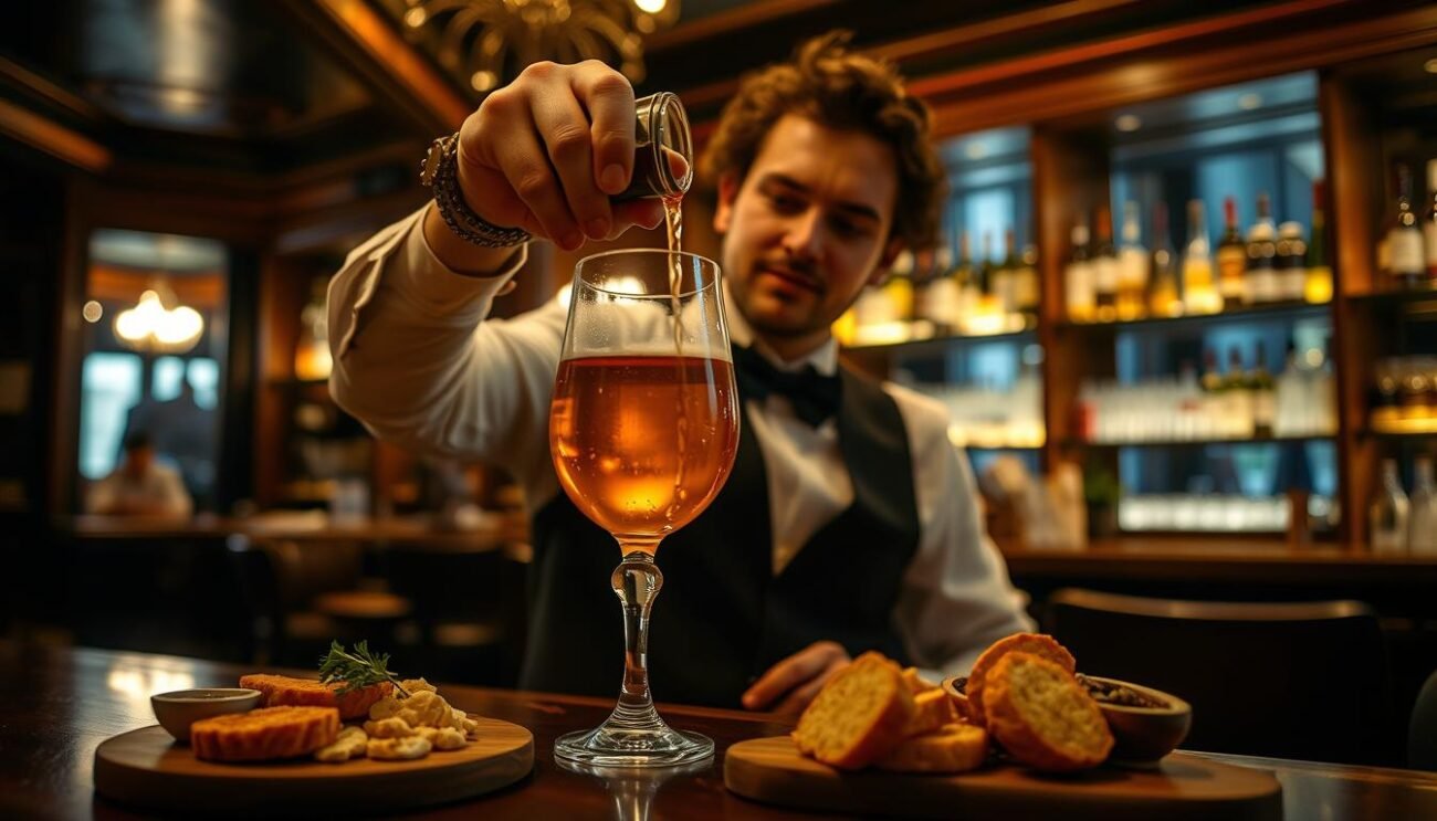 A dimly lit, elegant bar interior with wooden accents and soft lighting. A sommelier is carefully pouring a golden-hued craft beer into a traditional glass, holding it up to the light to inspect the clarity and color. The beer is surrounded by a selection of artisanal snacks and appetizers, complementing the tasting experience. The scene conveys a sense of refined sophistication and expertise, capturing the essence of a high-quality beer tasting session. A dimly lit, elegant bar interior with wooden accents and soft lighting. A sommelier is carefully pouring a golden-hued craft beer into a traditional glass, holding it up to the light to inspect the clarity and color. The beer is surrounded by a selection of artisanal snacks and appetizers, complementing the tasting experience. The scene conveys a sense of refined sophistication and expertise, capturing the essence of a high-quality beer tasting session.