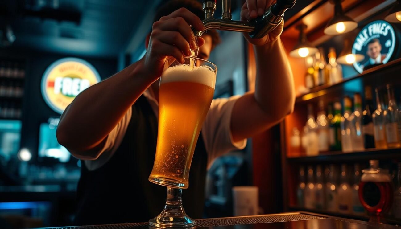 A dimly lit pub interior, the bartender expertly pouring a golden lager into a tall, foaming glass. The interplay of light and shadow highlights the intricate technique, with the beer cascading down the sides of the glass, creating a perfect head. The bartender's hands are steady, their movements precise, reflecting years of practice. The scene is infused with a sense of artistry and tradition, capturing the essence of the "art of beer pouring" - a fundamental skill in the world of professional bartending. A dimly lit pub interior, the bartender expertly pouring a golden lager into a tall, foaming glass. The interplay of light and shadow highlights the intricate technique, with the beer cascading down the sides of the glass, creating a perfect head. The bartender's hands are steady, their movements precise, reflecting years of practice. The scene is infused with a sense of artistry and tradition, capturing the essence of the "art of beer pouring" - a fundamental skill in the world of professional bartending.