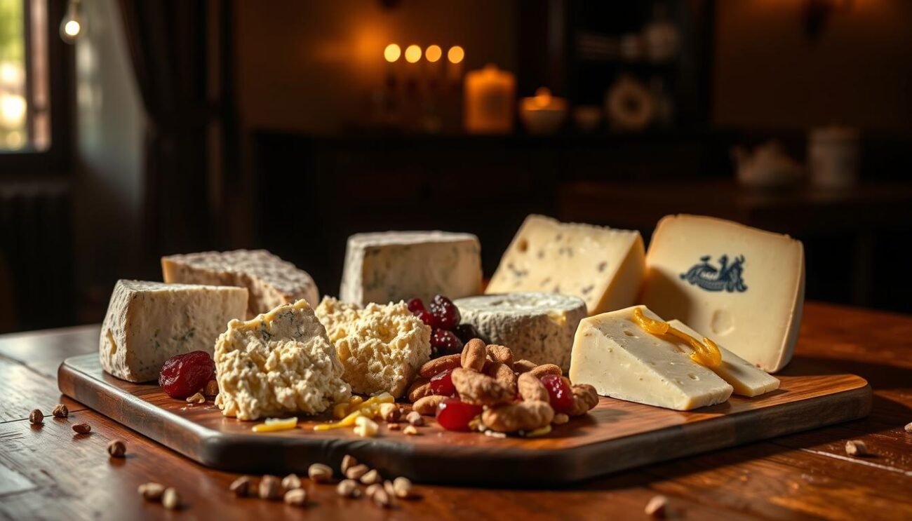 A dimly lit room, a wooden table adorned with an elegant arrangement of rare Italian cheeses. Soft, warm lighting casts a cozy glow, highlighting the intricate textures and rich colors of the artisanal offerings. A selection of artfully presented cheeses, each with its own distinct flavor profile, invites the viewer to embark on a sensory journey of the senses. Wedges of creamy Gorgonzola, crumbly Pecorino, and pungent Taleggio beckon, accompanied by a scattering of dried fruit, nuts, and a drizzle of local honey. The scene evokes a sense of refined, immersive tasting, where the nuances of each cheese can be fully appreciated and savored.