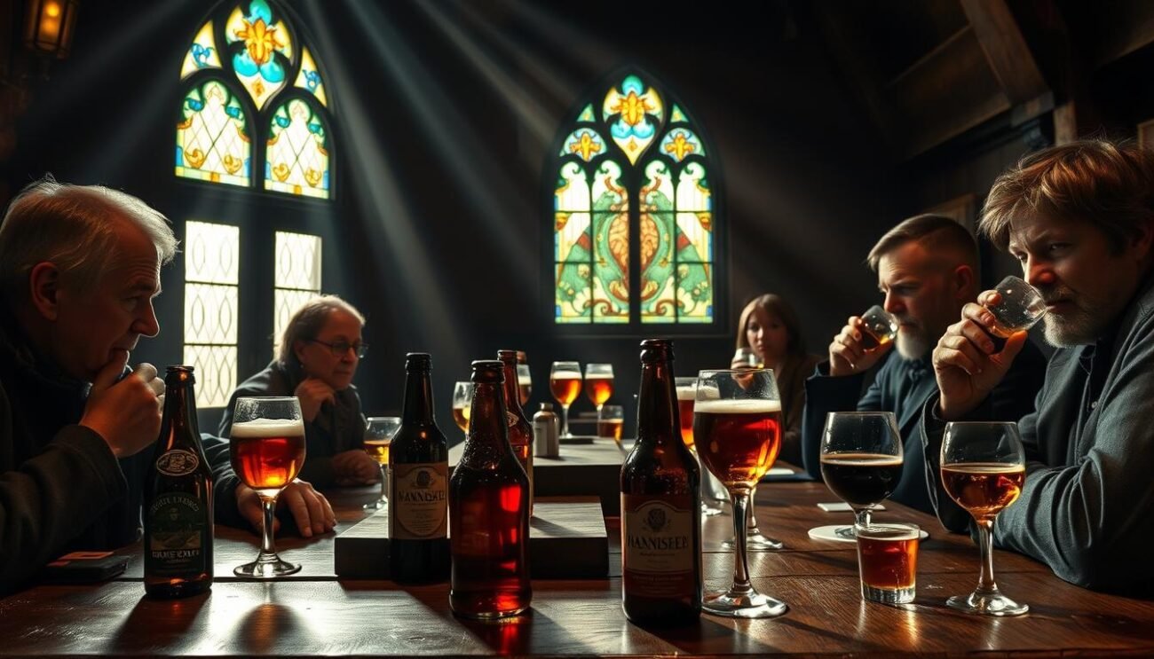 A dimly lit room, wooden tables set with vintage beer glasses and bottles, the amber and mahogany hues of aged ales casting a warm glow. Beams of soft light filter through stained glass windows, highlighting the intricate patterns of the labels. Knowledgeable tasters swirl and sip, their expressions contemplative as they discern the complex notes of each vintage brew. The air is thick with the scents of toasted malt, earthy hops, and the subtle oakiness of barrel-aged delights. A sense of history and tradition permeates the scene, inviting the viewer to join in this connoisseur's tasting experience.