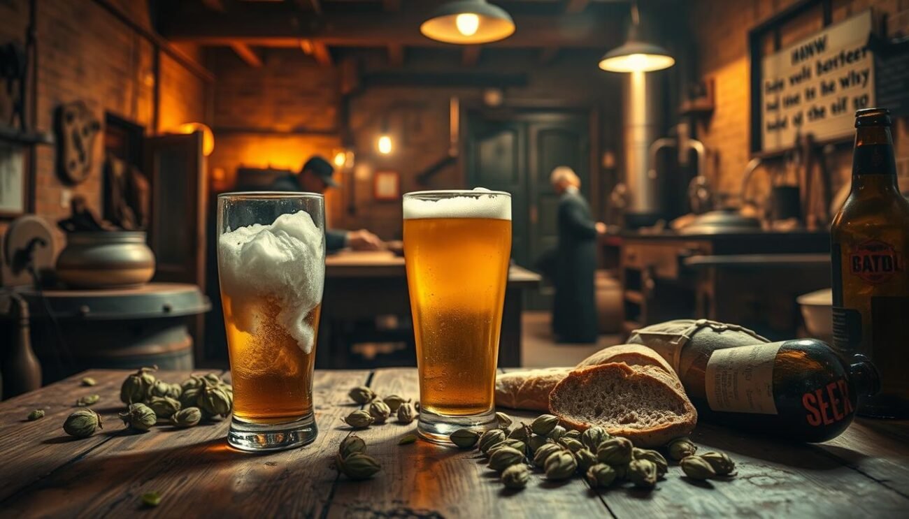 A dimly lit, rustic brewery interior with various beer defects prominently displayed. In the foreground, a cloudy, hazy glass of unfiltered beer sits on a worn wooden table. Scattered around it are spoiled hops, stale bread, and a musty-looking bottle. The middle ground reveals a cluttered workbench with old brewing equipment, suggesting the source of these imperfections. In the background, shadowy figures move about, symbolizing the unseen causes of beer flaws. Warm, amber lighting casts an ominous glow, creating a somber, cautionary atmosphere. The scene captures the essence of the article's section on the origins of common beer defects.