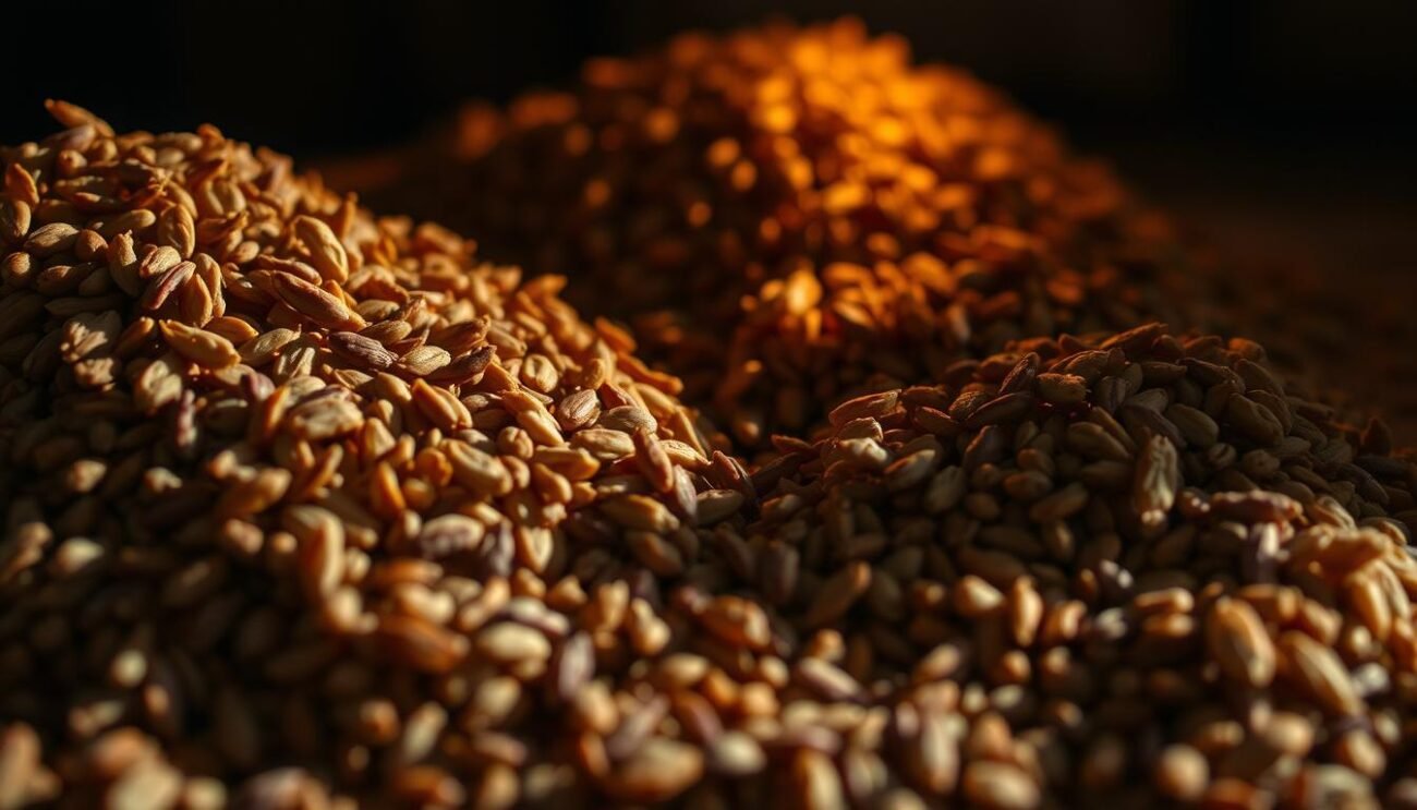 A dimly lit, rustic setting showcases a variety of malt grains in various shades of brown, amber, and caramel. The grains are arranged in a visually appealing composition, highlighting their distinctive colors and textures. Soft, warm lighting casts gentle shadows, creating a cozy and inviting atmosphere. The scene conveys the richness and complexity of malt, hinting at its profound influence on the color and character of the final beer. A sense of artisanal craftsmanship permeates the image, reflecting the care and attention put into the selection and blending of these essential brewing ingredients.