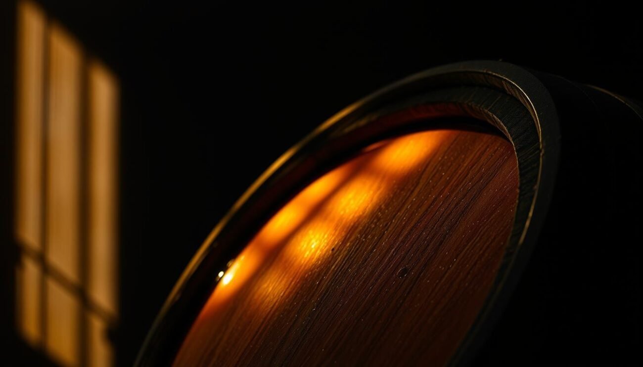 A dimly lit wooden barrel, its surface weathered and scarred by the passage of time. The beer within, a deep amber hue, has been carefully aged, allowing its flavors to meld and intensify. Shafts of warm, golden light filter through the barrel's staves, casting a soft glow that highlights the beer's rich, velvety texture. In the background, a backdrop of dark, moody shadows lends an air of mystery and depth to the scene. The overall atmosphere evokes a sense of tradition, patience, and the artistry of crafting a truly exceptional vintage beer.