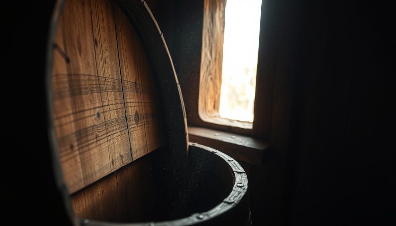 A dimly lit wooden barrel sits in a shadowy corner, its surface worn and weathered by time. The barrel's interior has been carefully charred, imparting a rich, smoky aroma to the aged beer within. Motes of dust dance in the soft, warm light that filters through a nearby window, adding a sense of timelessness to the scene. The beer's deep amber hue is visible through the barrel's slats, hinting at the complex, layered flavors that have developed during the long maturation process. A sense of patience and craftsmanship permeates the image, inviting the viewer to imagine the care and attention that went into creating this unique and exceptional beer.