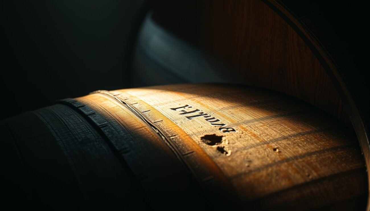 A dimly lit wooden barrel, the surface weathered and marked by time. Sunlight filters through the cracks, casting a warm glow onto the rich, amber-hued liquid within. Hints of oak, vanilla, and caramel dance on the air, inviting a closer inspection. The scene evokes a sense of history, of a patient process where time and patience yield a truly remarkable creation - a vintage aged beer, the culmination of skill and tradition. The composition emphasizes the barrel's central role, with a subtle background hinting at the broader context of the brewery's setting. This image captures the essence of the "Birra Invecchiata" - a testament to the art of maturation and the pursuit of exceptional flavor.