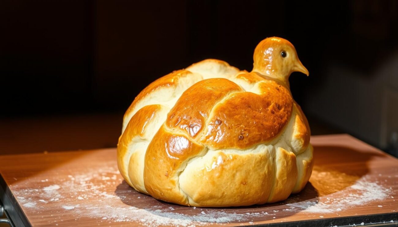 A freshly baked Colomba tradizionale, a classic Italian Easter bread, emerges from the oven. Its golden crust glistens under the warm, soft lighting, revealing the delicate, airy interior leavened with mother yeast. The bread's iconic dove shape, symbolic of peace and renewal, sits atop a rustic wooden table, casting a gentle shadow. The scene evokes the comforting aromas of a traditional Italian kitchen, where the art of natural leavening has been passed down through generations, without the need for added sugars. This image perfectly captures the essence of the section "Ricette di Dolci a Lievitazione Naturale Senza Zuccheri Aggiunti".