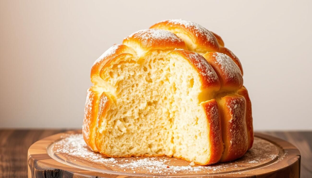 A freshly baked Pandoro Senza Zucchero, its golden-brown crust glistening under the warm, soft lighting. The towering, fluted loaf stands elegantly on a rustic wooden board, its delicate, airy crumb visible through the thick slices. Decorative powdered sugar dusts the surface, adding a touch of festive elegance. The scene is framed by a simple, minimalist background, allowing the bread to be the star. The overall mood is cozy, inviting, and perfect for a holiday gathering, showcasing the natural sweetness and rich flavor of this traditional Italian treat without added sugar. A freshly baked Pandoro Senza Zucchero, its golden-brown crust glistening under the warm, soft lighting. The towering, fluted loaf stands elegantly on a rustic wooden board, its delicate, airy crumb visible through the thick slices. Decorative powdered sugar dusts the surface, adding a touch of festive elegance. The scene is framed by a simple, minimalist background, allowing the bread to be the star. The overall mood is cozy, inviting, and perfect for a holiday gathering, showcasing the natural sweetness and rich flavor of this traditional Italian treat without added sugar.