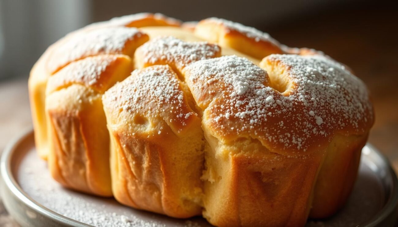 A freshly baked, golden-brown pandoro loaf, its soft and airy texture inviting the senses. Delicate, natural sweetness emanates from the masterfully crafted confection, free from added sugars. Adorned with a light dusting of powdered sweetener, the pandoro stands as a testament to the art of baking with wholesome, healthful ingredients. Capturing the essence of a cozy, festive season, the image evokes a sense of warmth and indulgence without compromising on nutritional value. Lit by soft, natural lighting and framed in a clean, minimalist style, this pandoro senza zucchero embodies the spirit of a healthier, more mindful holiday celebration. A freshly baked, golden-brown pandoro loaf, its soft and airy texture inviting the senses. Delicate, natural sweetness emanates from the masterfully crafted confection, free from added sugars. Adorned with a light dusting of powdered sweetener, the pandoro stands as a testament to the art of baking with wholesome, healthful ingredients. Capturing the essence of a cozy, festive season, the image evokes a sense of warmth and indulgence without compromising on nutritional value. Lit by soft, natural lighting and framed in a clean, minimalist style, this pandoro senza zucchero embodies the spirit of a healthier, more mindful holiday celebration.