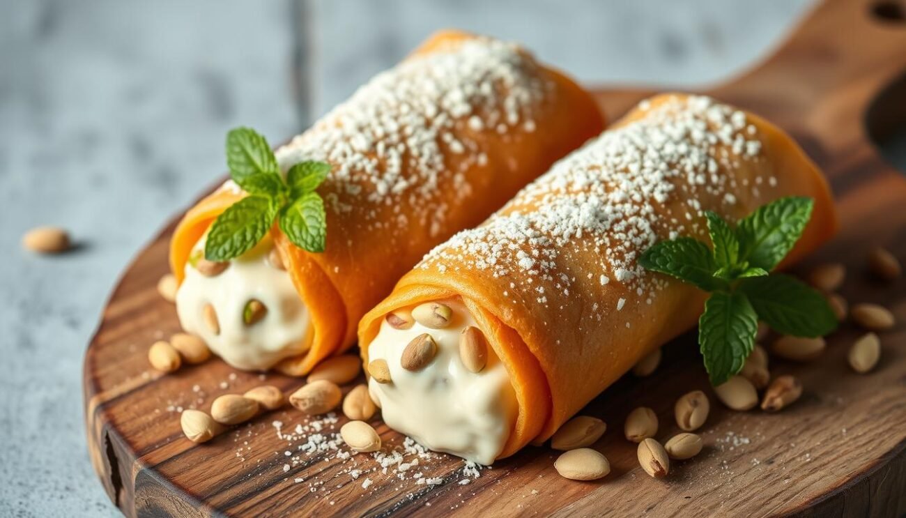 A freshly baked pair of cannoli siciliani dietetici, their crisp golden shells glistening under soft, natural lighting. The filling, a luscious blend of creamy ricotta and delicate, unsweetened pistachios, oozes out from the ends, hinting at the indulgent yet guilt-free treat within. The cannoli are elegantly presented on a rustic wooden board, surrounded by a scattering of additional pistachios and a sprig of fresh mint, evoking the flavors of Sicily. The overall composition and muted color palette convey a sense of refined simplicity, inviting the viewer to savor these healthier, homemade delights.