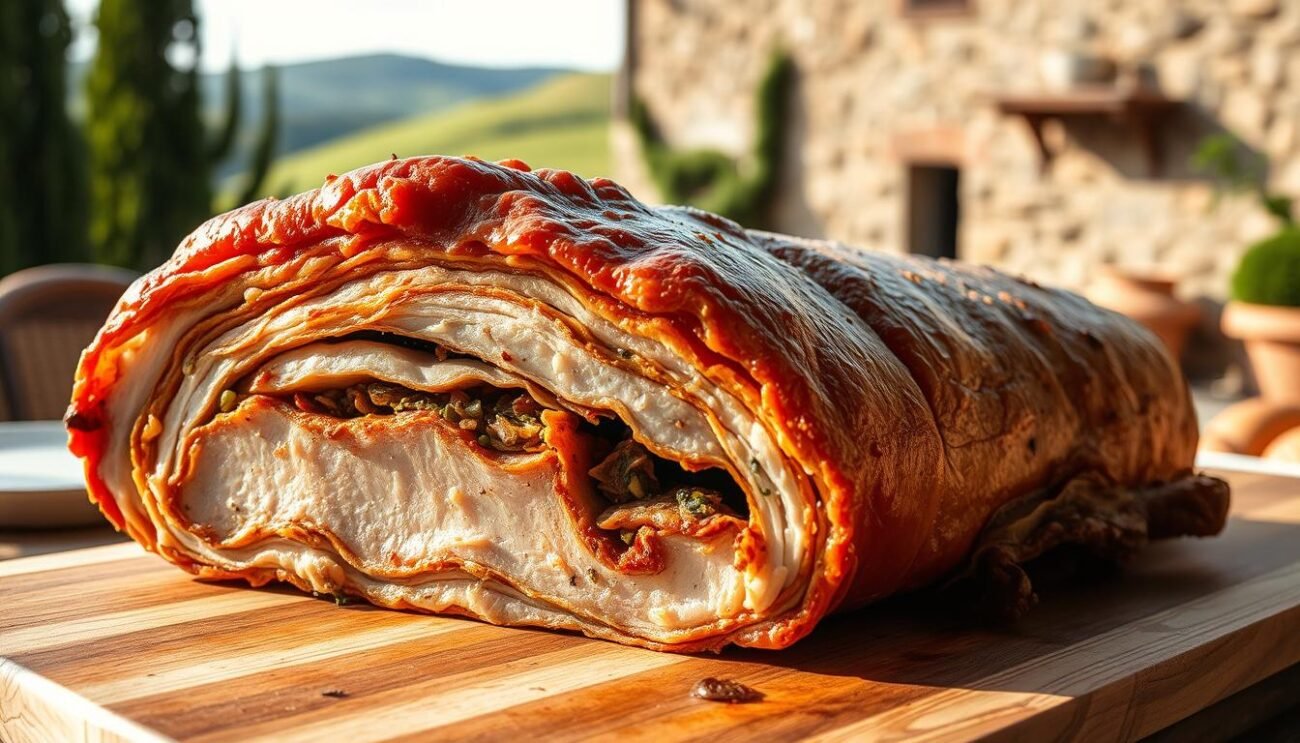 A freshly roasted porchetta italiana, its crisp golden skin glistening in the soft, warm light of a Tuscan afternoon. Tender layers of succulent pork belly and flavorful herbs and spices, slow-cooked to perfection, sit atop a wooden cutting board, ready to be sliced and savored. In the background, a rustic stone building and lush, verdant hills evoke the essence of San Terenziano, a picturesque Tuscan village where this traditional delicacy is celebrated. The overall scene exudes an inviting, homespun atmosphere, capturing the essence of the region's cherished culinary heritage.