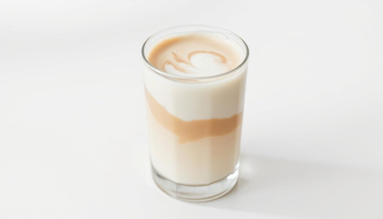 A glass of creamy, plant-based milk, swirled with a delicate pattern of foam. The liquid is a rich, milky beige, with a subtle hint of sweetness. The lighting is soft and diffused, creating a warm, inviting atmosphere. The glass is positioned on a clean, minimalist surface, allowing the latte to be the focal point. The composition is balanced, with the glass placed off-center, adding a touch of visual interest. The overall mood is calm and serene, perfectly capturing the essence of a plant-based latte.