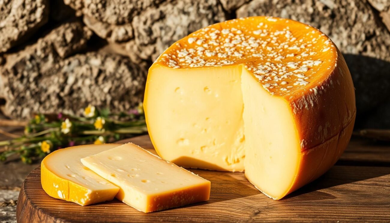 A golden wheel of artisanal Ossolano d'Alpe DOP cheese, its rind dotted with delicate white mold, rests atop a rustic wooden surface. Soft, creamy interior surrounded by a firm, slightly nutty exterior. Sliced wedges reveal the cheese's pale yellow, veined interior, glistening with tiny pockets of butterfat. In the background, a weathered stone wall and a scattering of alpine wildflowers evoke the remote Piedmont mountain pastures where this traditional cheese is produced. Warm, natural lighting bathes the scene, casting a golden glow and casting long shadows. The overall mood is one of rustic authenticity and artisanal craftsmanship.