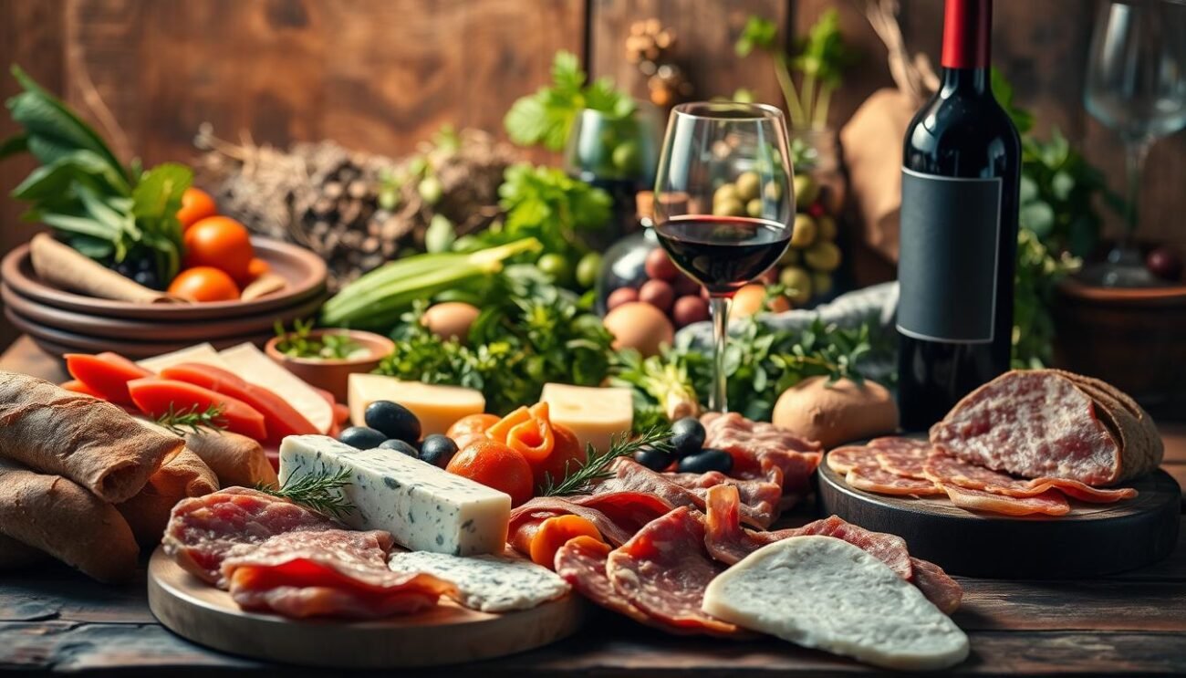 A gourmet feast set on a rustic wooden table, featuring an array of local Italian delicacies. In the foreground, a selection of cured meats, cheeses, and crusty bread. The middle ground showcases a bottle of robust red wine and two delicate wine glasses, casting a warm, inviting glow. In the background, an arrangement of fresh herbs, olives, and other regional produce creates a vibrant, earthy backdrop. The scene is illuminated by soft, natural lighting, capturing the essence of a harmonious culinary pairing. The overall atmosphere evokes a sense of tradition, quality, and the celebration of local Italian gastronomic treasures.
