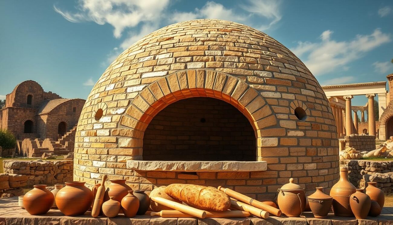 A grand, ancient Roman outdoor bread oven stands proudly, its domed brickwork gleaming in the warm Mediterranean sunlight. Billowing plumes of fragrant smoke curl upwards, hinting at the hearty loaves and flatbreads being baked within. The oven's massive, circular opening invites the viewer to imagine the bustling, communal scenes of Roman bakers tending their wood-fired creations, as has been done for centuries. In the foreground, a collection of earthenware vessels, rolling pins, and other baking tools are arranged, while in the background, the ruins of a larger Roman structure provide a sense of historical context. The overall atmosphere evokes the timeless craft of Roman bread-making, a vital component of daily life in the ancient empire.