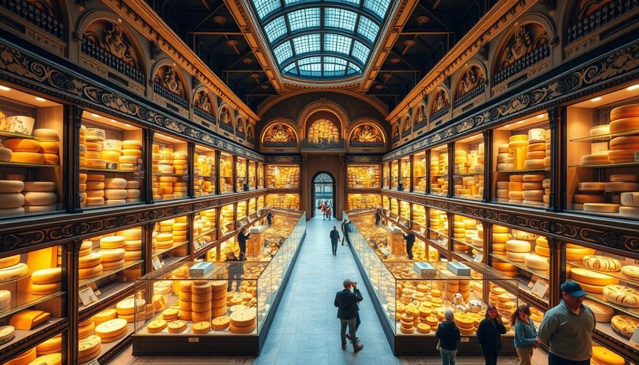 A grand, awe-inspiring museum dedicated to the rich history and artistry of Italian cheese-making. A sprawling, well-lit interior showcases an impressive array of rare and aged cheeses, each with its own unique flavor profile and cultural significance. Ornate glass display cases reflect the warm, golden lighting, casting a soft glow over the meticulously curated exhibits. Visitors are drawn in by the enticing aromas, encouraged to sample and learn about the nuanced techniques and traditions that have been passed down for generations. The museum's architecture effortlessly blends modern design elements with classic Italian aesthetics, creating a harmonious and immersive experience for cheese enthusiasts and cultural explorers alike.