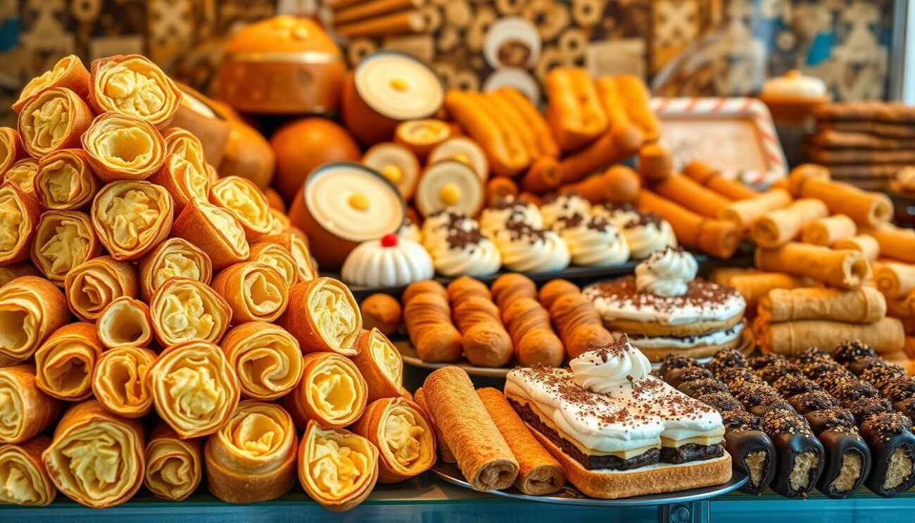 A grand display of dolci italiani, a symphony of textures and flavors from the diverse regions of Italy. In the foreground, a cascading array of flaky, golden-crusted sfogliatelle, their delicate layers concealing a luscious ricotta filling. Alongside, a cluster of fragrant, pillowy-soft panettone, their vibrant studded citrus zest glistening under warm, directional lighting. In the middle ground, a platter of creamy, indulgent tiramisu, its velvety mascarpone and espresso-soaked ladyfingers accented by a dusting of cocoa. In the background, a collage of regional specialties - the iconic, vibrant Sicilian cannoli, the crumbly, almond-laced ricciarelli from Tuscany, and the decadent, chocolate-dipped biscotti from Prato. A scene that evokes the rich, storied pasticceria tradition of Italy, captured in a visually sumptuous and mouthwatering display.