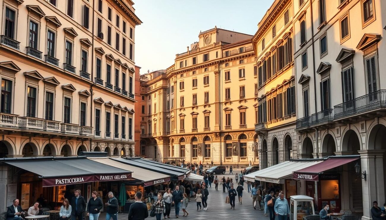 A grand, historic Italian piazza, bathed in golden afternoon light. Elegant, centuries-old buildings line the square, their ornate facades and arched windows exuding timeless charm. In the foreground, well-preserved storefronts with hand-painted signs beckon - a traditional pasticceria, a family-owned gelateria, a cozy enoteca. Locals and tourists mingle, sipping espresso or savoring gelato as they meander through the historic district. The scene evokes a sense of preservation, of traditions passed down through generations, of a culture that cherishes its architectural and culinary legacies. The image conveys the essence of "L'Associazione Locali Storici d'Italia: Custodi della Tradizione."