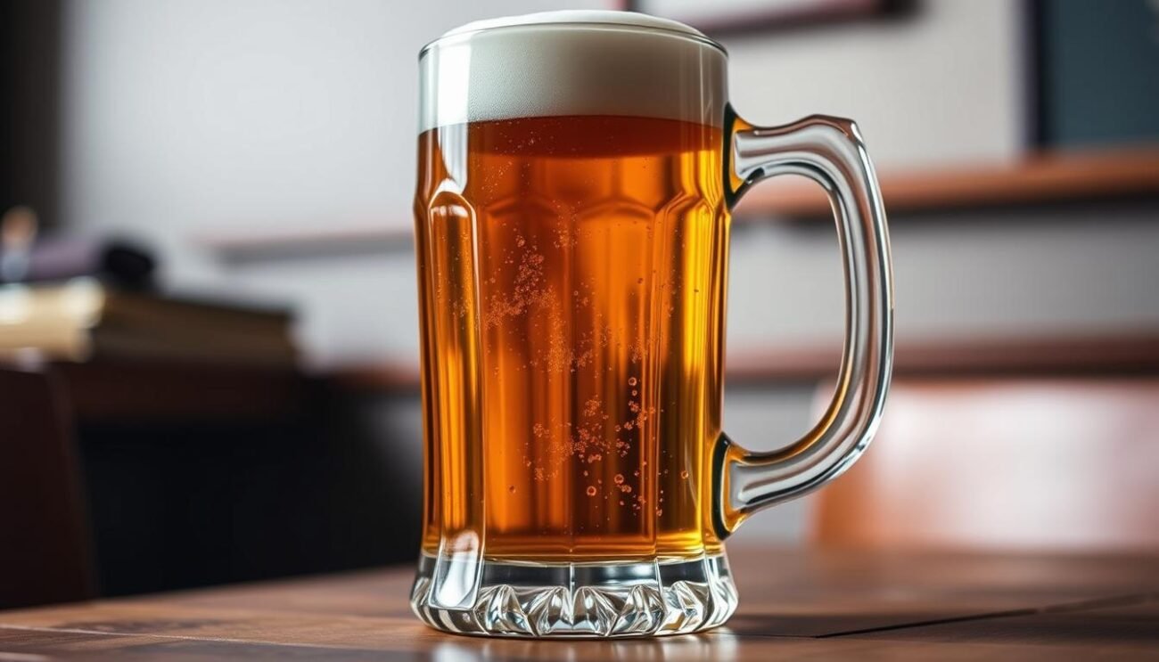 A grand, traditional German-style beer mug, known as a "pinta birra," stands proudly on a wooden table. The thick, crystal-clear glass vessel reflects the warm, amber hue of the craft beer it contains, inviting the viewer to savor the rich, foamy head. The mug's simple, yet elegant design, with its slightly flared lip and sturdy base, evokes a sense of timeless elegance and old-world charm. Soft, diffused lighting from above casts gentle shadows, highlighting the mug's intricate details and the bubbles gently rising within the liquid. The overall scene conveys a cozy, inviting atmosphere, perfectly capturing the essence of the "Le Pinte: Tradizione e Varietà" section of the article. A grand, traditional German-style beer mug, known as a "pinta birra," stands proudly on a wooden table. The thick, crystal-clear glass vessel reflects the warm, amber hue of the craft beer it contains, inviting the viewer to savor the rich, foamy head. The mug's simple, yet elegant design, with its slightly flared lip and sturdy base, evokes a sense of timeless elegance and old-world charm. Soft, diffused lighting from above casts gentle shadows, highlighting the mug's intricate details and the bubbles gently rising within the liquid. The overall scene conveys a cozy, inviting atmosphere, perfectly capturing the essence of the "Le Pinte: Tradizione e Varietà" section of the article.