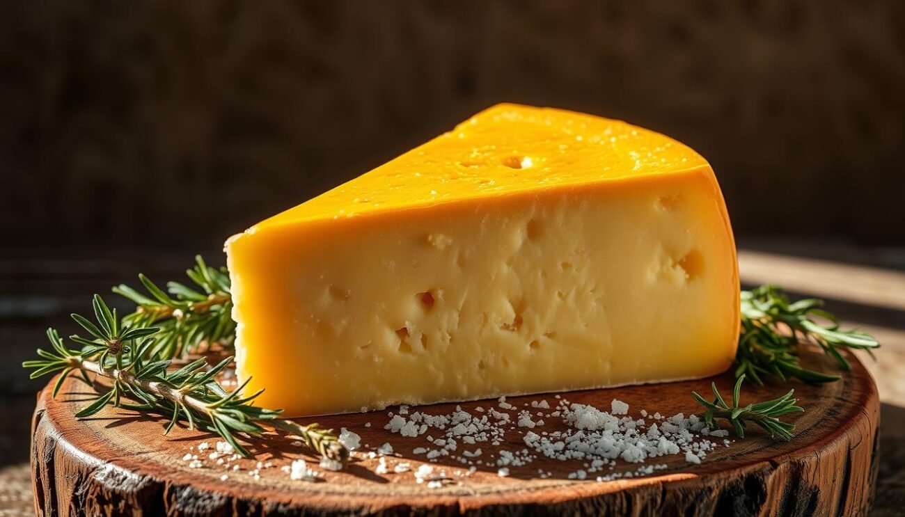 A grand wedge of Caciocavallo Palermitano cheese, its golden rind glistening under a warm Mediterranean sun. The cheese rests atop a rustic wooden board, surrounded by sprigs of fragrant rosemary and a scattering of coarse sea salt. The rich, creamy interior is revealed, hinting at the intense, complex flavors that have been carefully cultivated over centuries of traditional Sicilian cheesemaking. A single shaft of light illuminates the scene, casting soft shadows and imbuing the image with a sense of timeless artisanry. The overall composition evokes the proud heritage and passionate craftsmanship that define this iconic Sicilian culinary treasure.