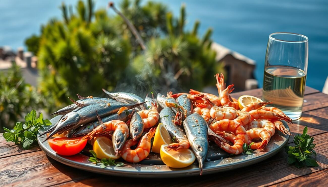 A grilled seafood platter on a rustic wooden table, set against the backdrop of a serene Mediterranean landscape. Fresh-caught sardines, squid, and shrimp sizzle over an open flame, their aroma mingling with the scent of charred lemon wedges. Drizzles of olive oil and sprinkles of coarse sea salt accentuate the natural flavors. Vibrant green herbs and sliced red tomatoes add pops of color, while a chilled glass of crisp white wine completes the quintessential Sardinian dining experience. Sunlight filters through the scene, casting a warm, golden glow and evoking the relaxed, convivial atmosphere of a traditional seafood grill. A grilled seafood platter on a rustic wooden table, set against the backdrop of a serene Mediterranean landscape. Fresh-caught sardines, squid, and shrimp sizzle over an open flame, their aroma mingling with the scent of charred lemon wedges. Drizzles of olive oil and sprinkles of coarse sea salt accentuate the natural flavors. Vibrant green herbs and sliced red tomatoes add pops of color, while a chilled glass of crisp white wine completes the quintessential Sardinian dining experience. Sunlight filters through the scene, casting a warm, golden glow and evoking the relaxed, convivial atmosphere of a traditional seafood grill.