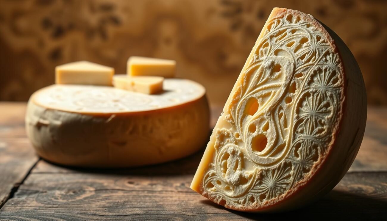 A high-quality, artfully-lit photograph of a large grana padano cheese wheel in the foreground, with its characteristic rind and distinctive wavy pattern on the surface. The wheel is placed on a rustic wooden surface, with soft shadows and highlights accentuating its form. In the middle ground, there are a few small wheels or wedges of grana padano, perhaps on a platter or board, conveying the artisanal craftsmanship and attention to detail involved in the production of this iconic Italian cheese. The background features a warm, earthy tone, with subtle textures and colors suggestive of a traditional Italian cheesemaking setting, such as a cellar or aging room. The overall composition and lighting create a sense of warmth, tradition, and the pride in the DOP (Protected Designation of Origin) certification of this beloved cheese.