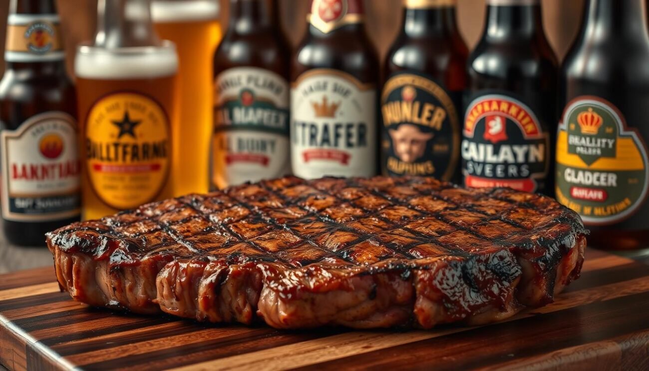 A high-quality image of a perfectly grilled steak, accompanied by a selection of craft beers. The steak is seared with a delectable charred crust, juicy and tender on the inside. The beers are arranged artfully, showcasing a variety of styles and colors, complementing the savory flavors of the meat. The scene is captured in a warm, rustic setting, with wooden textures and muted lighting creating a cozy, inviting atmosphere. The composition highlights the harmony between the hearty steak and the complementary beer selection, conveying the perfect pairing for any discerning food and beverage enthusiast.