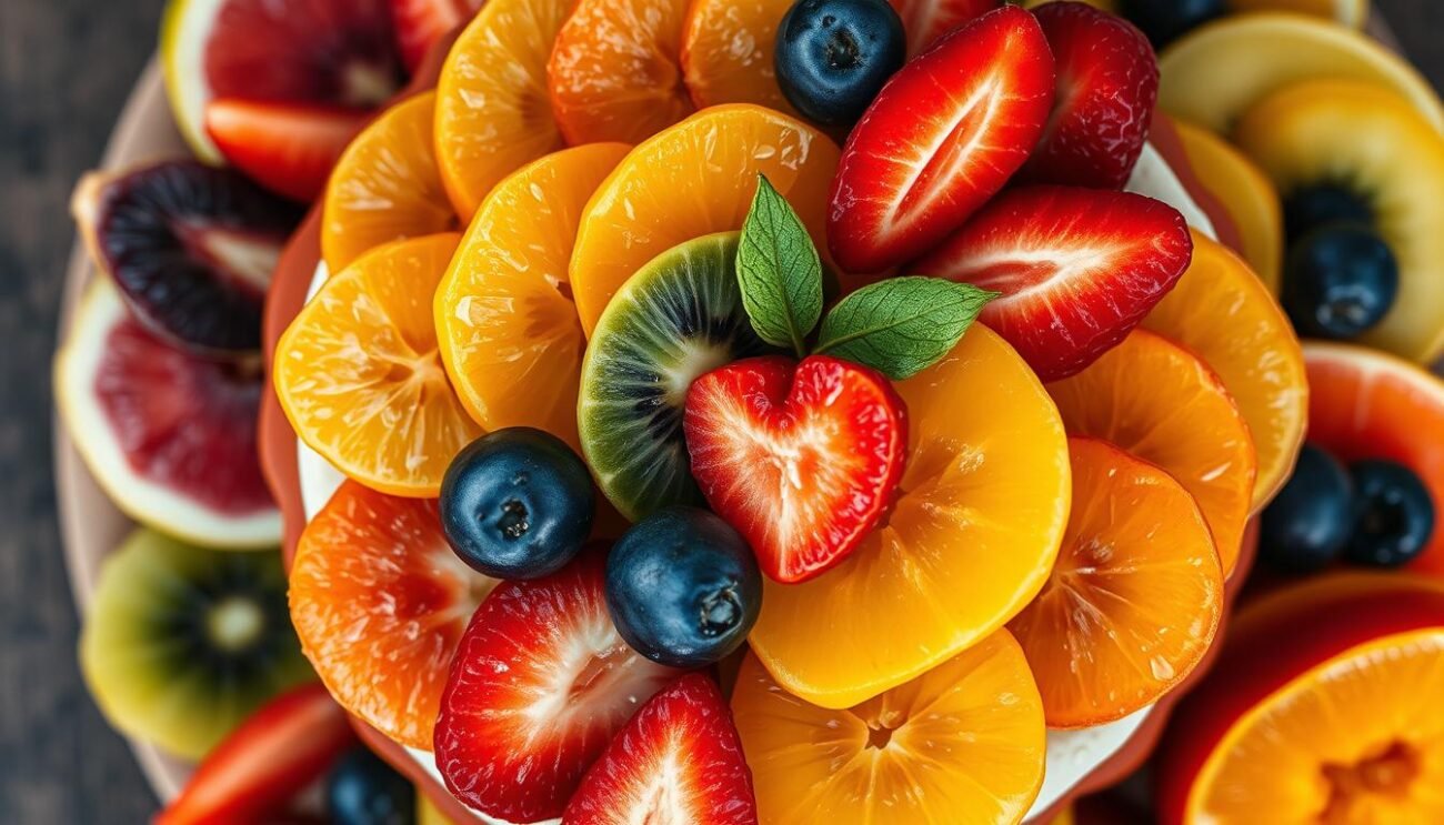 A high-resolution, detailed image of a layered fruit dessert arrangement, showcasing various techniques of fruit stratification. The composition features diverse, vibrant fruit slices arranged in a visually striking pattern, with contrasting textures and colors. The image is shot from an overhead perspective, using natural lighting to create a warm, appetizing atmosphere. The focus is on the intricate layering and placement of the fruit, capturing the artistic and technical aspects of this culinary presentation. The image conveys a sense of elegance, sophistication, and the artistry involved in creating visually appealing fruit-based desserts. A high-resolution, detailed image of a layered fruit dessert arrangement, showcasing various techniques of fruit stratification. The composition features diverse, vibrant fruit slices arranged in a visually striking pattern, with contrasting textures and colors. The image is shot from an overhead perspective, using natural lighting to create a warm, appetizing atmosphere. The focus is on the intricate layering and placement of the fruit, capturing the artistic and technical aspects of this culinary presentation. The image conveys a sense of elegance, sophistication, and the artistry involved in creating visually appealing fruit-based desserts.
