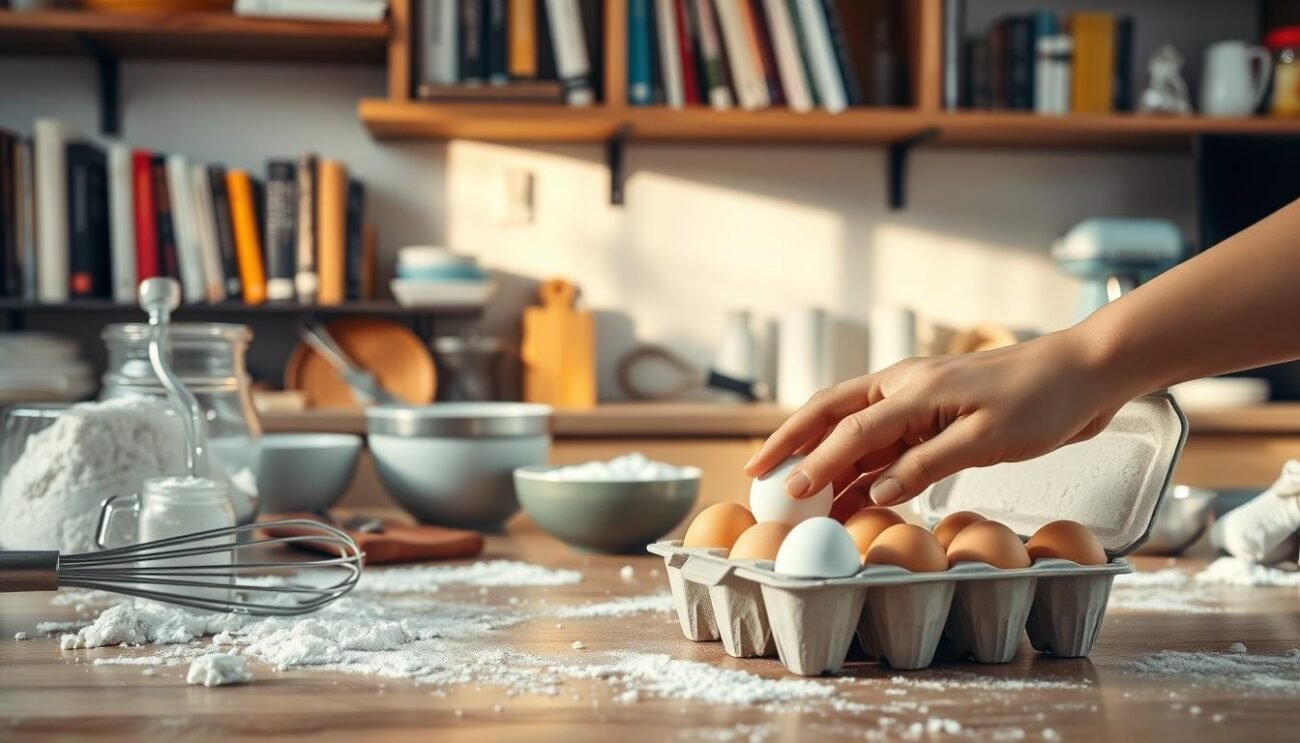 A kitchen counter covered in various baking ingredients and tools, including flour, sugar, mixing bowls, and a whisk. In the foreground, a carton of eggs sits prominently, with a hand reaching in to remove one. The background features shelves stocked with cookbooks and small kitchen appliances, casting a warm, inviting glow. The lighting is soft and natural, creating a cozy, homey atmosphere. The overall scene conveys the process of substituting eggs in baking, showcasing the common mistakes and challenges faced in this task. A kitchen counter covered in various baking ingredients and tools, including flour, sugar, mixing bowls, and a whisk. In the foreground, a carton of eggs sits prominently, with a hand reaching in to remove one. The background features shelves stocked with cookbooks and small kitchen appliances, casting a warm, inviting glow. The lighting is soft and natural, creating a cozy, homey atmosphere. The overall scene conveys the process of substituting eggs in baking, showcasing the common mistakes and challenges faced in this task.