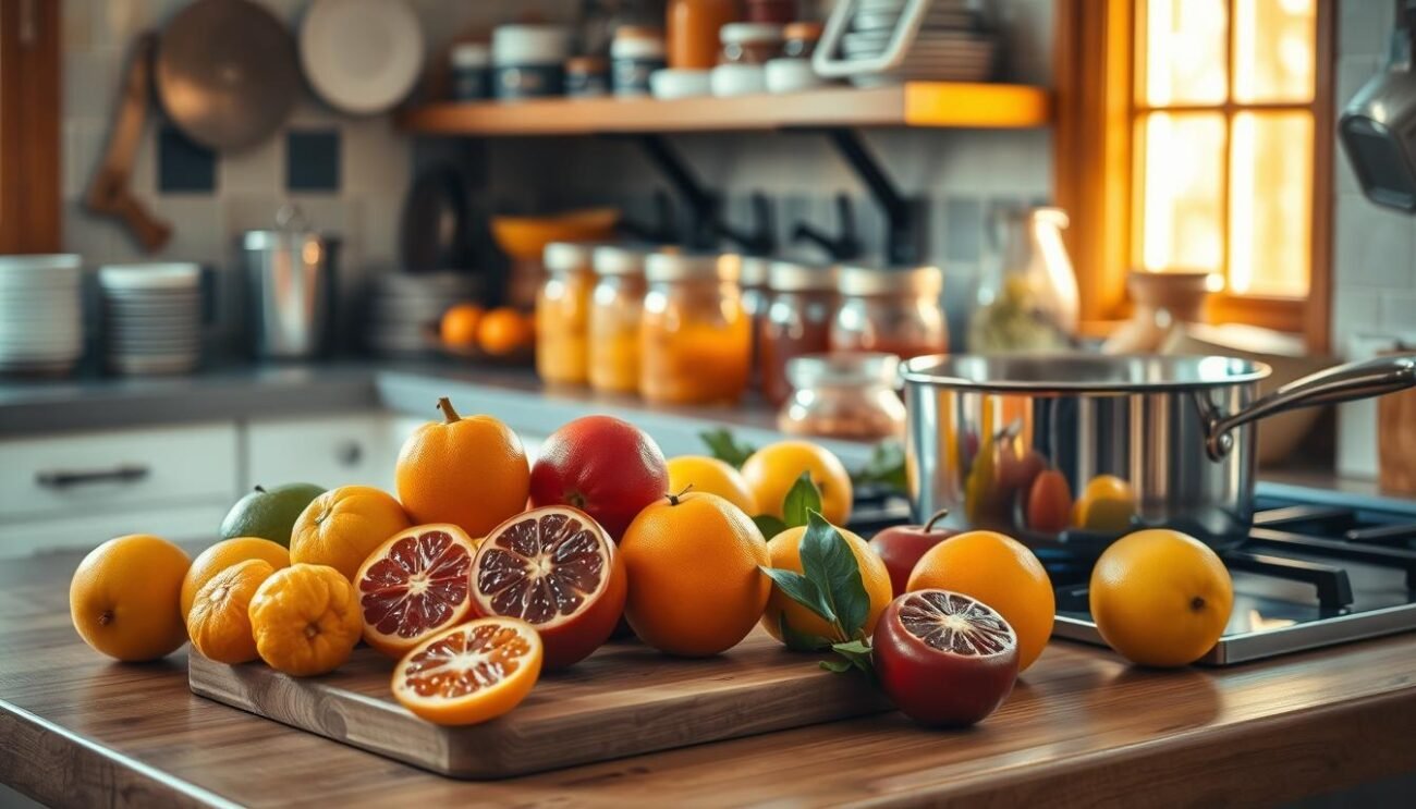A kitchen counter filled with an array of fresh seasonal fruits, carefully arranged for the preparation of a homemade jam. The warm, golden light filters through the windows, casting a cozy glow over the scene. In the foreground, a wooden cutting board holds an assortment of citrus fruits, their vibrant colors and intricate textures inviting closer inspection. Beside them, a stainless steel saucepan rests on the stovetop, ready to simmer the fruit into a rich, velvety preserve. The background features a tidy array of jars, lids, and other preserving tools, hinting at the care and attention that will go into this step-by-step process. The overall atmosphere is one of thoughtful, methodical preparation, capturing the essence of the "Procedimento Passo per Passo" section of the article.