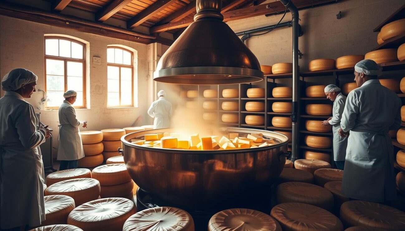 A large, copper cheese kettle sits in the center of a traditional Italian caseificio (cheese factory). Skilled cheesemakers in white coats and hairnets carefully monitor the slow, methodical process of transforming fresh cow's milk into the iconic wheels of Parmigiano Reggiano. The warm, golden-hued curds are delicately cut, cooked, and pressed using centuries-old techniques, before being carefully aged in a climate-controlled environment. Sunlight streams in through large windows, casting a warm glow over the scene and highlighting the rich textures of the aging cheese. The atmosphere is one of quiet, focused craftsmanship, as the cheesemakers continue the legacy of this revered Italian delicacy.