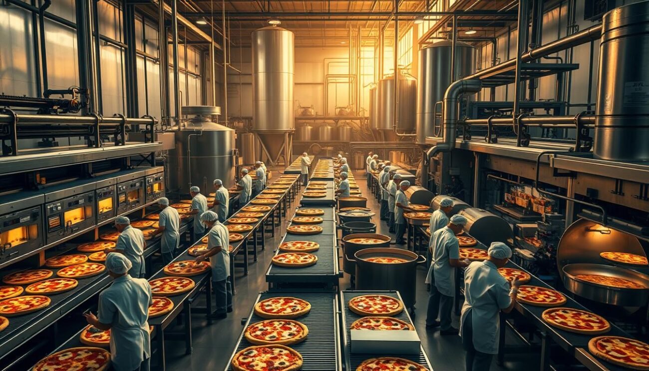 A large, industrial-looking pizza factory with rows of conveyor belts, robotic arms, and gleaming metal ovens. The scene is bathed in a warm, amber-tinted lighting, casting long shadows across the bustling workspace. In the foreground, workers in hairnets and white uniforms rapidly assemble and package the pizzas, their movements precise and efficient. In the middle ground, massive vats of sauce and bubbling cheese cauldrons feed the assembly line. The background is dominated by towering storage silos, steel tanks, and a network of pipes, hinting at the scale and automation of this modern pizza production facility. An air of industrialization and mass-production pervades the scene, a far cry from the traditional, handcrafted pizzerias of old.
