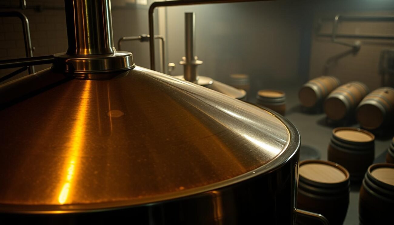 A large, stainless steel vat sits in a dimly lit, industrial brewery. The vat is filled with a bubbling, golden liquid, the reflection of the warm lighting casting a soft glow across the surface. The background is hazy, with the outline of various brewing equipment and barrels visible in the distance. The scene conveys a sense of craftsmanship and attention to detail, with the vat's shiny exterior and the careful monitoring of the fermentation process. The mood is one of calm and focus, as the brewer oversees the production of a high-quality, artisanal beer.