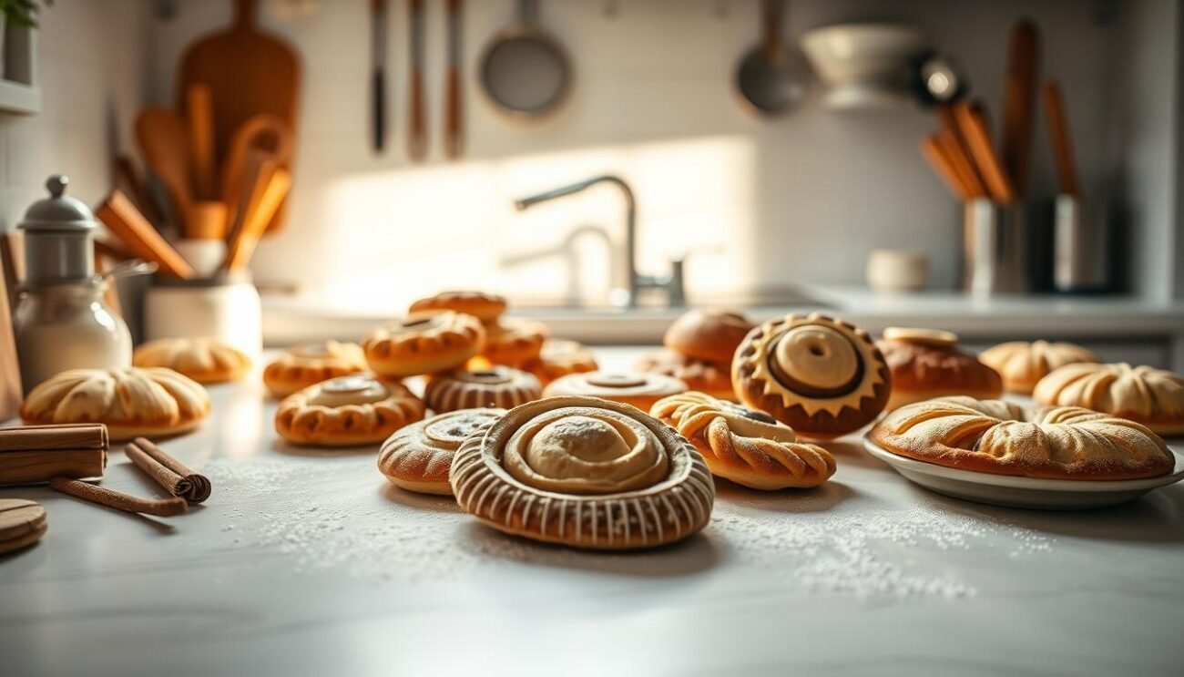 A light-filled kitchen countertop, adorned with neatly arranged baking tools and ingredients. Delicate, sugar-free pastries in various shapes and colors, their intricate designs highlighted by soft, warm lighting. Hints of cinnamon, vanilla, and other natural sweeteners linger in the air, creating a cozy, inviting atmosphere. The scene exudes a sense of wholesome, artisanal baking, perfectly capturing the essence of "Cottura Dolci Naturalmente Dolci" and the "Temperature di Cottura per Dolci Naturalmente Dolci" section.