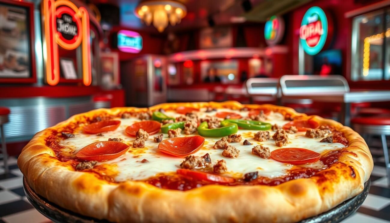 A lively American-style pizza with a thick, golden-brown crust and bubbling mozzarella cheese. Crisp pepperoni slices, vibrant green bell peppers, and spicy Italian sausage crumbles create a bold, flavorful topping. The pizza is set against a backdrop of a bustling American diner, with gleaming chrome accents, neon lights, and a checkered floor. Warm, inviting lighting casts a cozy glow, hinting at the comforting, homestyle appeal of this quintessential American dish. The scene captures the spirit of the Italian immigrants who brought pizza to the United States, where it was adapted and transformed into a beloved national icon.
