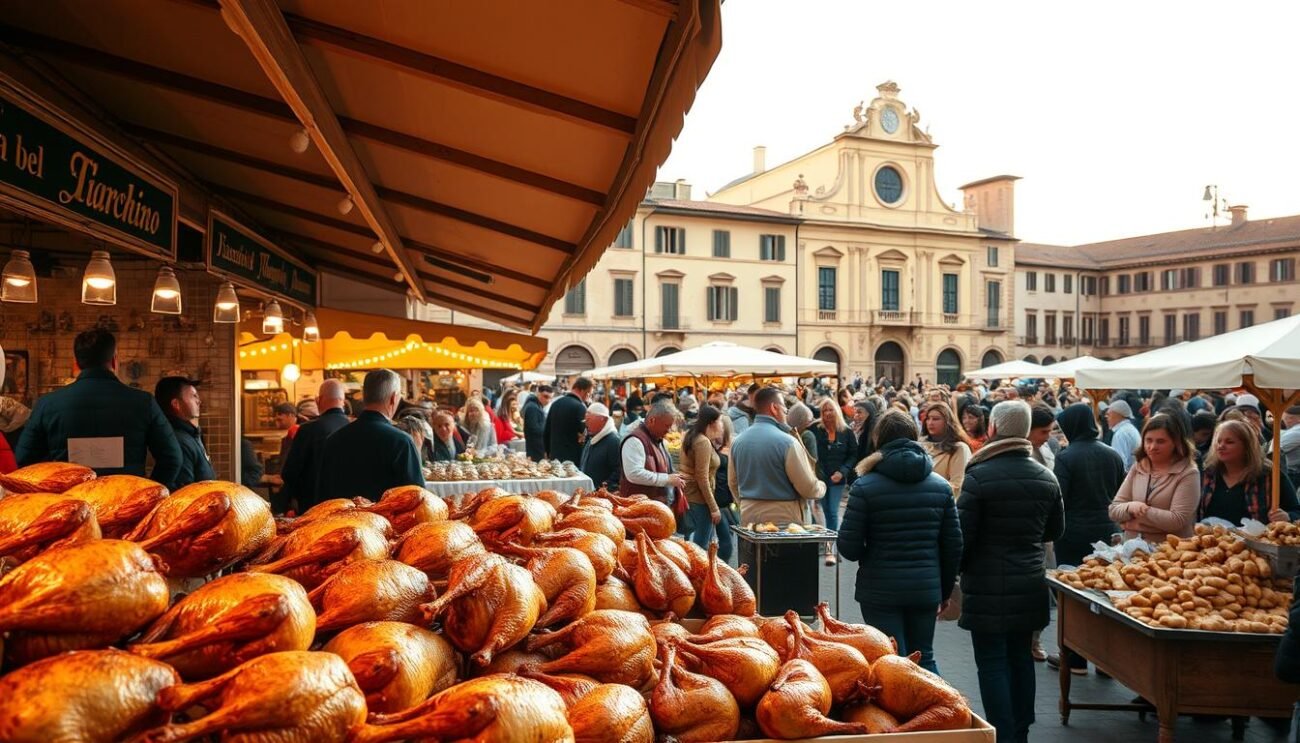A lively Festa del Tacchino di Parma, a vibrant celebration of the local poultry tradition in the heart of Emilia-Romagna. In the foreground, a bustling market stall overflows with freshly roasted turkeys, their golden-brown skin glistening under the warm, diffused lighting. In the middle ground, a crowd of eager festival-goers admire the beautifully displayed artisanal products, from handcrafted ceramics to locally sourced delicacies. The background reveals a picturesque piazza, its historic buildings bathed in the soft, golden glow of the afternoon sun, creating a cozy and inviting atmosphere. The overall scene captures the essence of this beloved annual event, where the rich culinary heritage of the region is showcased with pride and passion.