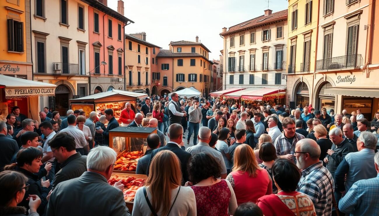 A lively town square in Fossano, Italy, bustling with a vibrant Festa della Scottona celebration. In the foreground, groups of people gather around food stalls, sampling the renowned Piedmont beef. In the middle ground, a traditional band plays lively music, their instruments glinting in the warm, golden light. In the background, historic buildings with ornate facades frame the scene, creating a charming and festive atmosphere. The event is filled with the aroma of grilled meats, the laughter of attendees, and the energy of a community coming together to celebrate their local culinary heritage. A lively town square in Fossano, Italy, bustling with a vibrant Festa della Scottona celebration. In the foreground, groups of people gather around food stalls, sampling the renowned Piedmont beef. In the middle ground, a traditional band plays lively music, their instruments glinting in the warm, golden light. In the background, historic buildings with ornate facades frame the scene, creating a charming and festive atmosphere. The event is filled with the aroma of grilled meats, the laughter of attendees, and the energy of a community coming together to celebrate their local culinary heritage.
