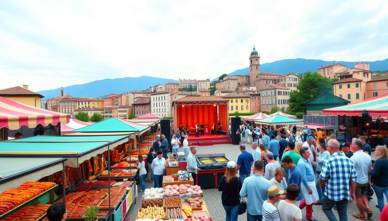 A lively, vibrant festival unfolds against the backdrop of the picturesque town of Bra, showcasing the rich culinary heritage of the Piedmont region. Colorful stalls brim with an array of artisanal sausages, cured meats, and local delicacies, inviting visitors to indulge in the flavors of this gastronomic celebration. A central stage hosts lively performances, while the aroma of sizzling grills and the chatter of enthusiastic crowds create a festive atmosphere. In the distance, the historic buildings of Bra's charming old town provide a picturesque setting, reflecting the deep-rooted traditions that this event aims to honor and preserve. A lively, vibrant festival unfolds against the backdrop of the picturesque town of Bra, showcasing the rich culinary heritage of the Piedmont region. Colorful stalls brim with an array of artisanal sausages, cured meats, and local delicacies, inviting visitors to indulge in the flavors of this gastronomic celebration. A central stage hosts lively performances, while the aroma of sizzling grills and the chatter of enthusiastic crowds create a festive atmosphere. In the distance, the historic buildings of Bra's charming old town provide a picturesque setting, reflecting the deep-rooted traditions that this event aims to honor and preserve.