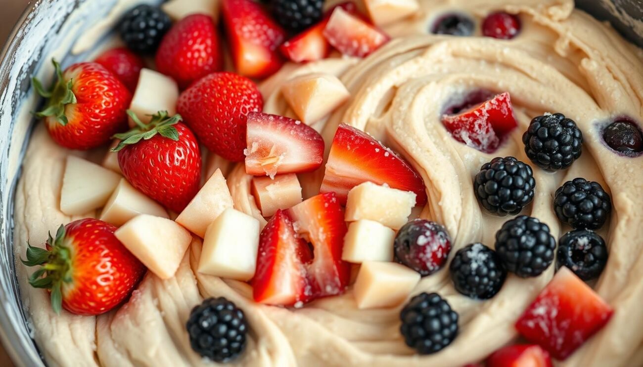 A luscious blend of fresh seasonal fruit, skillfully incorporated into a light, fluffy cake batter. Vibrant strawberries, crisp apple chunks, and juicy blackberries swirl together, their vibrant colors and tantalizing flavors infusing the dough. Soft natural lighting illuminates the scene, casting gentle shadows that accentuate the textural interplay. The camera captures this harmonious fusion from a slightly elevated angle, inviting the viewer to envision the delectable, moist crumb and bursts of fruity goodness within each bite. An artful, mouthwatering representation of "frutta frullata nell'impasto" that perfectly complements the article's focus on incorporating fresh fruit into baked goods. A luscious blend of fresh seasonal fruit, skillfully incorporated into a light, fluffy cake batter. Vibrant strawberries, crisp apple chunks, and juicy blackberries swirl together, their vibrant colors and tantalizing flavors infusing the dough. Soft natural lighting illuminates the scene, casting gentle shadows that accentuate the textural interplay. The camera captures this harmonious fusion from a slightly elevated angle, inviting the viewer to envision the delectable, moist crumb and bursts of fruity goodness within each bite. An artful, mouthwatering representation of "frutta frullata nell'impasto" that perfectly complements the article's focus on incorporating fresh fruit into baked goods.