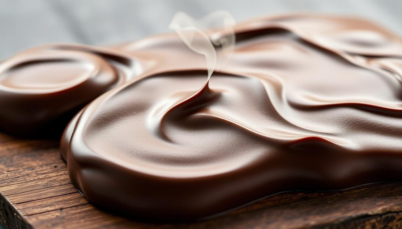 A luscious, decadent dark chocolate ganache, shimmering with a silky smooth texture. Glistening pools of rich cocoa-infused cream, blended to perfection, invite the senses to indulge. Delicate wisps of steam rise, hinting at the intense, velvety flavor to come. Carefully arranged on a rustic wooden board, the ganache is ready to be savored, a harmonious union of premium cacao and fresh cream. Soft, matte shadows accentuate the depth and complexity of this irresistible confection, capturing the essence of indulgence in a single, tantalizing image.