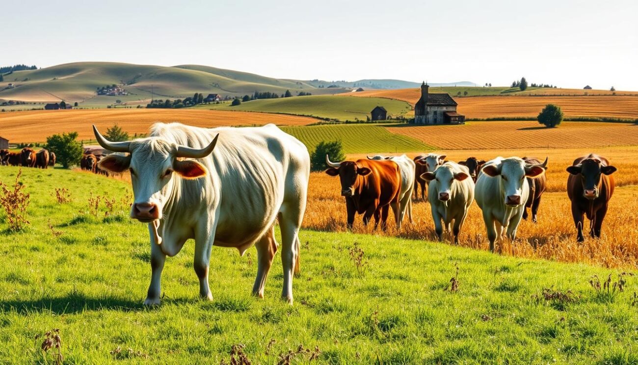 A lush, idyllic pastoral scene showcasing the "Presidi della Carne Slow Food" - heritage cattle breeds carefully curated and preserved by the Slow Food movement in Italy. In the foreground, a rugged Maremmana ox grazes peacefully in a verdant meadow, its muscular frame and distinctive white coat a testament to its ancient lineage. In the middle ground, a herd of robust Chianina cows amble through a golden wheat field, their gentle movements captured in a warm, golden light. The background features rolling hills dotted with small farmhouses and vineyards, hinting at the rich gastronomic traditions and biodiversity of the Italian countryside. The overall mood is one of reverence and preservation, highlighting the importance of protecting these rare and precious cattle breeds.