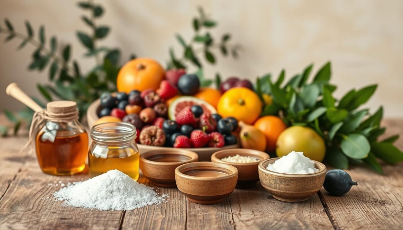 A lush, natural still life of various low-glycemic natural sweeteners on a rustic wooden table. In the foreground, a collection of honey, maple syrup, and coconut sugar in small earthenware bowls. In the middle ground, an assortment of fresh fruits like berries, figs, and citrus, complementing the sweeteners. The background features a simple backdrop of greenery and soft, diffused lighting, creating a warm, inviting atmosphere. The composition emphasizes the natural, wholesome qualities of these alternative sweeteners, conveying a sense of health and culinary sophistication.