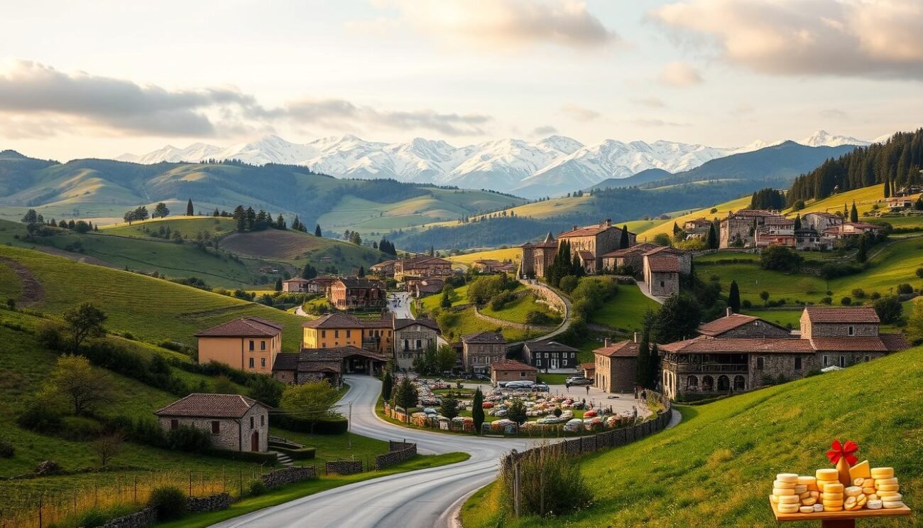 A lush, rolling landscape dotted with picturesque Italian villages, nestled amidst rolling hills and verdant meadows. In the foreground, a winding country road, lined with quaint stone farmhouses and rustic barns, leads the way towards a charming town square, where local artisans gather to showcase their renowned cheeses. The middle ground reveals a vibrant farmers' market, overflowing with a kaleidoscope of aged wheels, creamy wedges, and pungent rounds, each bearing the distinct flavors and traditions of Italy's renowned dairy regions. In the background, majestic snow-capped peaks frame the scene, casting a warm, golden glow over the entire pastoral tableau. Capture the essence of Italy's "Strade dei Formaggi" - a sensory journey through the authentic flavors and timeless traditions that define the country's celebrated cheese-making heritage.