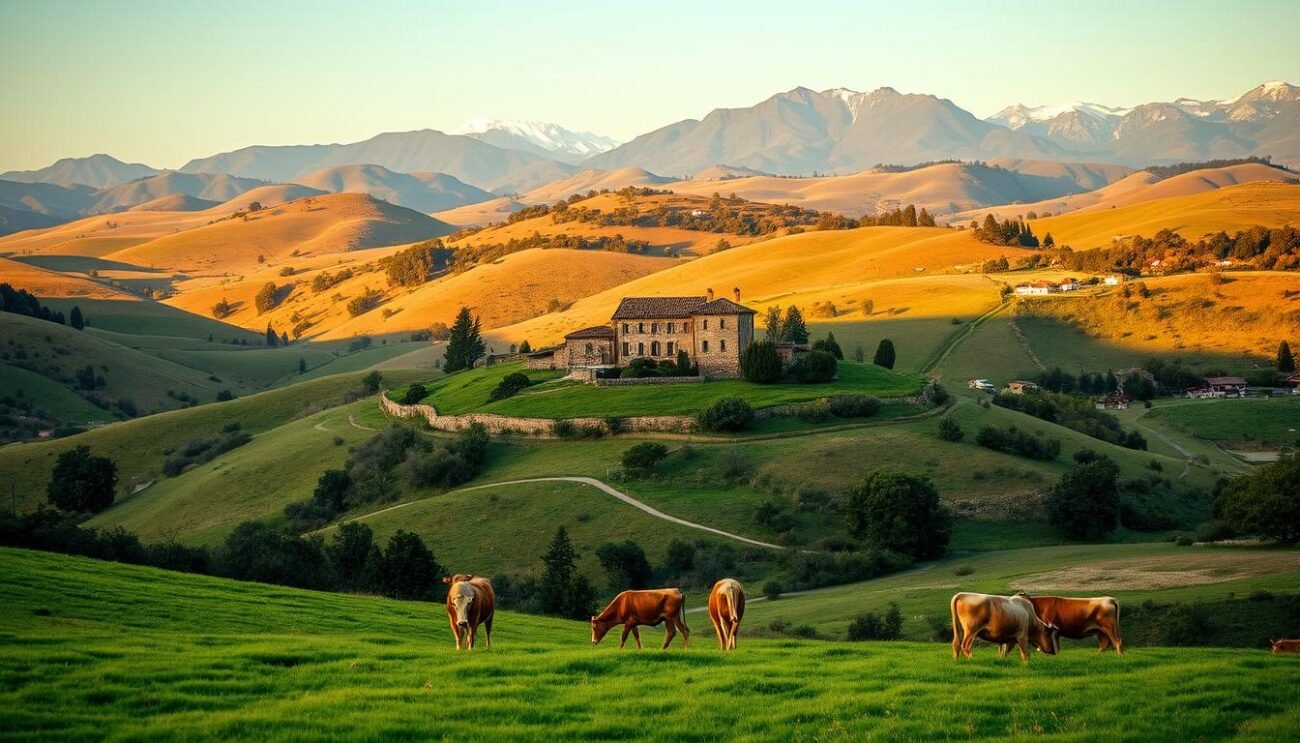 A lush, rolling landscape dotted with rolling hills, winding country roads, and picturesque villages. In the foreground, a verdant field of grazing cattle, their gentle movements captured in a soft, golden light. In the middle ground, a traditional farmhouse, its weathered stone walls and terracotta roof tiles bathed in a warm, inviting glow. Beyond, the gentle slopes of the Apennine mountains rise up, their peaks capped with a dusting of snow, creating a breathtaking backdrop to this idyllic pastoral scene. The overall mood is one of tranquility and timelessness, reflecting the enduring traditions and rich culinary heritage of the Grana Padano production territory.