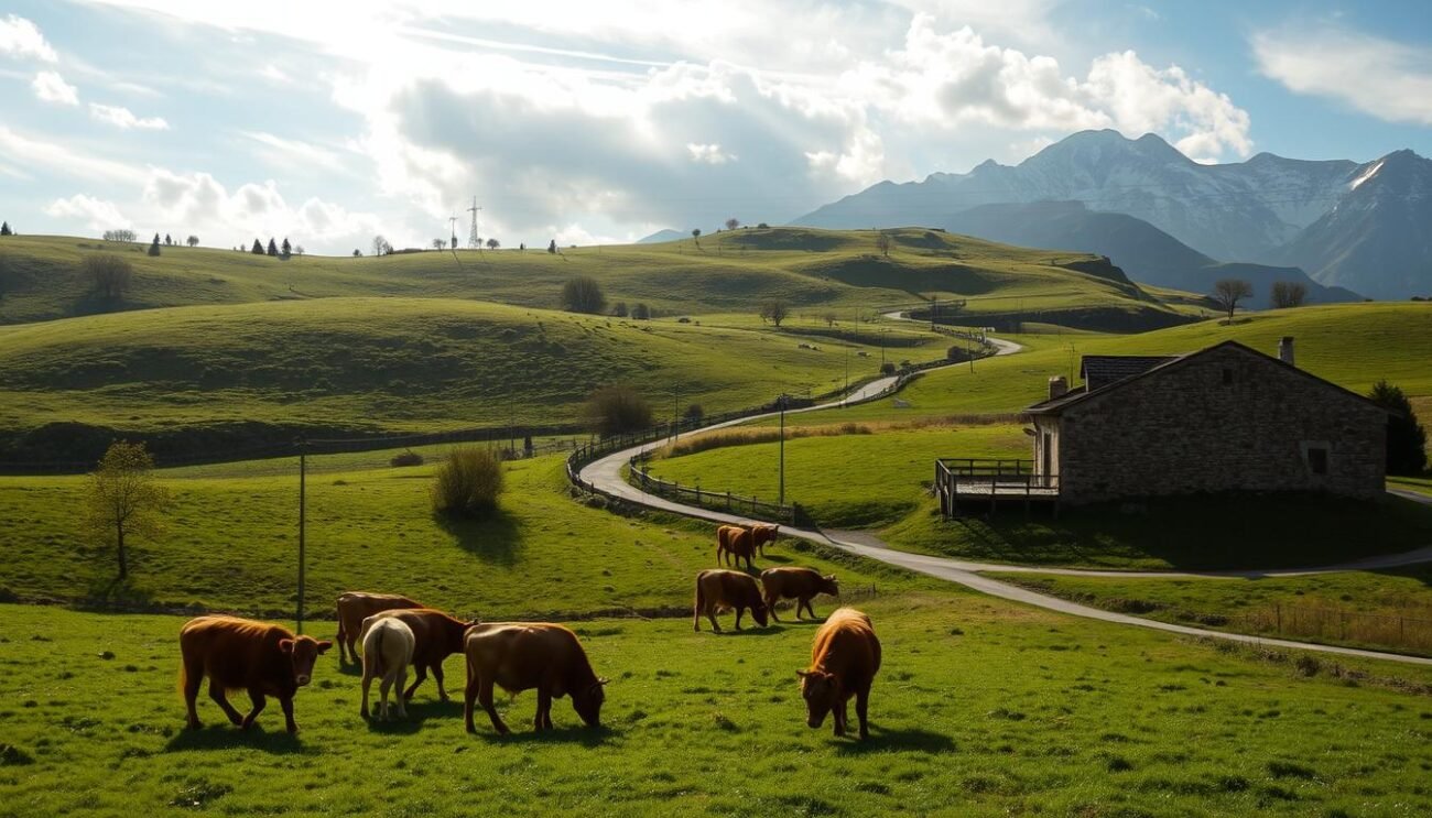 A lush, rolling landscape nestled in the heart of the Valtrompia region, the Nostrano Valtrompia DOP production zone is a picturesque tapestry of verdant meadows, weathered stone farmhouses, and winding country roads. Sunlight filters through wispy clouds, casting a warm, golden glow over the pastoral scene. In the foreground, a small herd of grazing dairy cows graze contentedly, their thick, shaggy coats reflecting the region's hardy, alpine heritage. The middle ground reveals a traditional stone-and-timber cheesemaking facility, its sturdy walls and rustic charm embodying the centuries-old traditions of the Nostrano Valtrompia DOP. Anchoring the background, the majestic peaks of the Brescian Alps rise up, their snow-capped summits standing as silent sentinels over this idyllic, time-honored landscape.