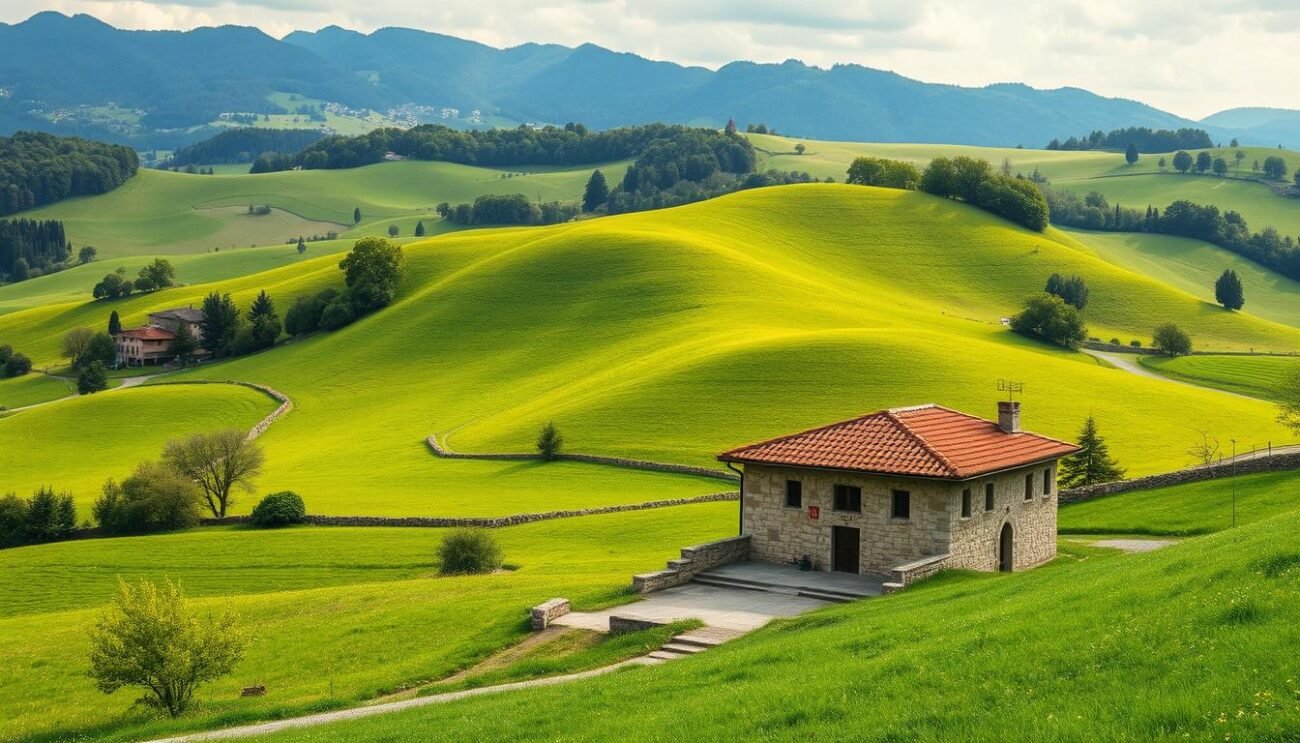 A lush, rolling landscape with verdant hills and lush meadows, nestled in the picturesque region of Luino, Lombardy. In the foreground, a small, artisanal cheesemaking facility stands, its traditional stone walls and terracotta roof blending seamlessly with the natural surroundings. The camera captures the gentle curves of the Formaggella del Luinese DOP, its creamy, golden hue glistening under the warm, soft lighting. The scene conveys a sense of tranquility and craftsmanship, reflecting the harmonious relationship between the land, the people, and the unique dairy product they have cultivated for generations.