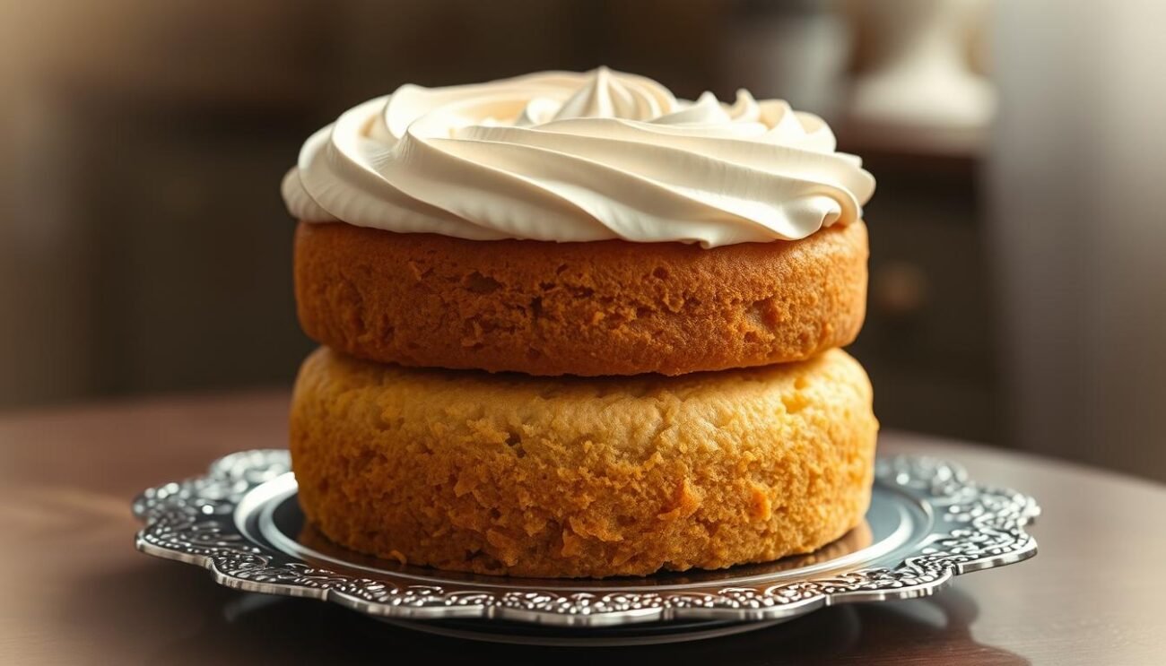 A lush, two-layered Italian torta in an elegant, early 20th-century setting. The bottom layer is a fluffy, golden-brown sponge cake, the top a billowing, cloud-like meringue frosting. Artful brushstrokes of delicate cream accent the masterpiece, which sits atop an ornate, silver-trimmed platter. Soft, directional lighting illuminates the torta's pillowy texture and glossy sheen, while a subtle, vintage-inspired vignette envelops the scene in a warm, nostalgic glow. The composition evokes the refined, yet decadent spirit of classic Italian pastry-making during the early 1900s.