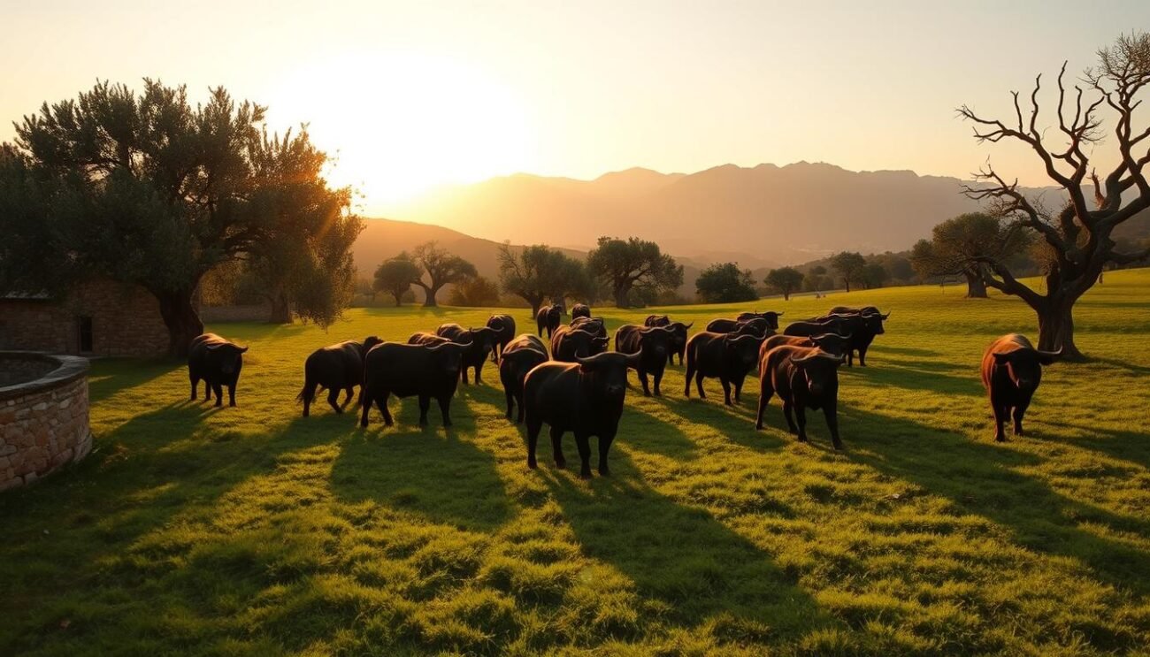 A lush, verdant pasture in the rolling hills of the Campania region, where a herd of majestic Italian water buffaloes graze peacefully. The animals are silhouetted against a warm, golden sunset, their muscular frames casting long shadows across the landscape. In the foreground, a traditional stone farmhouse stands, its weathered walls reflecting the fading light. The middle ground is dotted with ancient olive trees, their twisted trunks and gnarled branches casting intricate patterns on the ground. In the distance, the towering peaks of the Apennine Mountains rise, creating a breathtaking backdrop for this timeless scene of Italian rural life and the enduring tradition of buffalo farming.